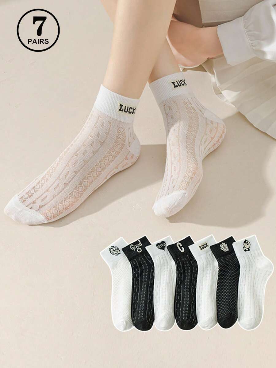 7 pares de calcetines de tobillo finos, de malla, encaje floral y transpirables para mujer en verano, de colores aleatorios