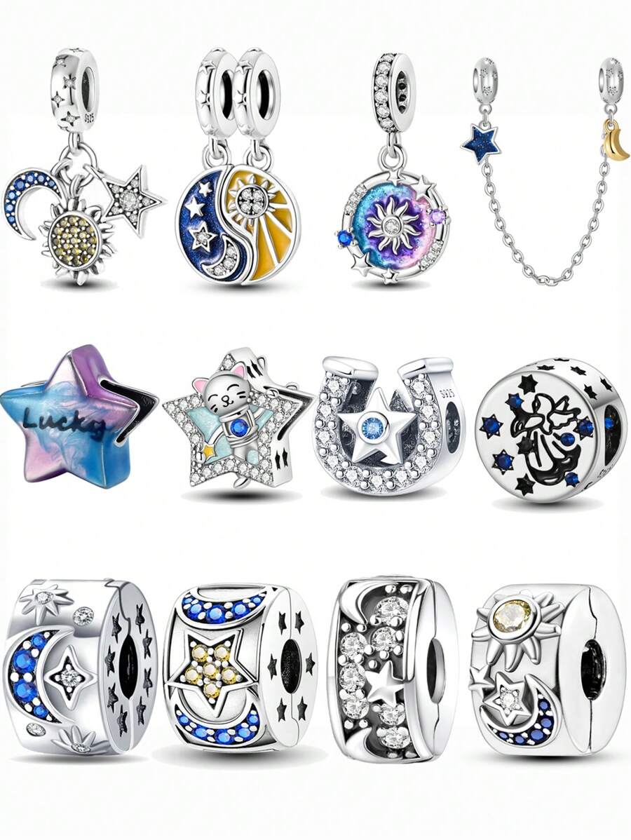 Silberplattiert Dekor Mond Sonne Stern Hufeisen Katze Stern Serie Anhänger Anhänger Kugel geeignet für Armbänder DIY Damen Schmuck