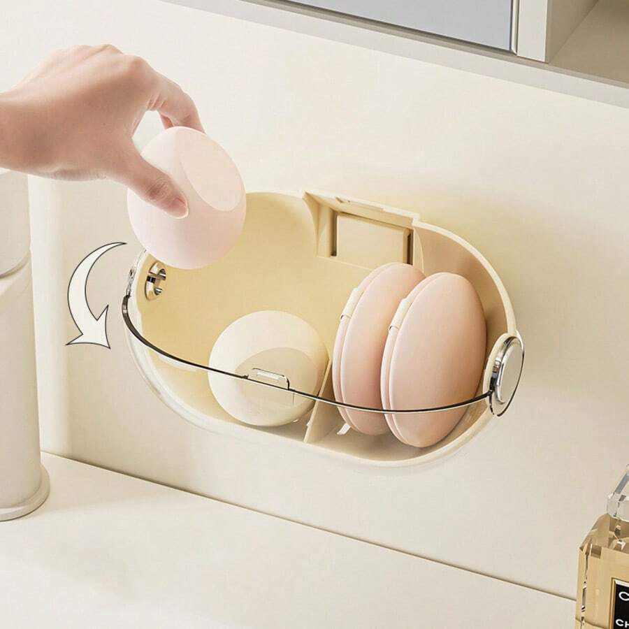 Boîte de rangement pour cosmétiques, accrocher au mur pour la maison, sans perforation, étanche et anti-poussière. Boîte de rangement multifonctionnelle pour houppettes et éponges de beauté