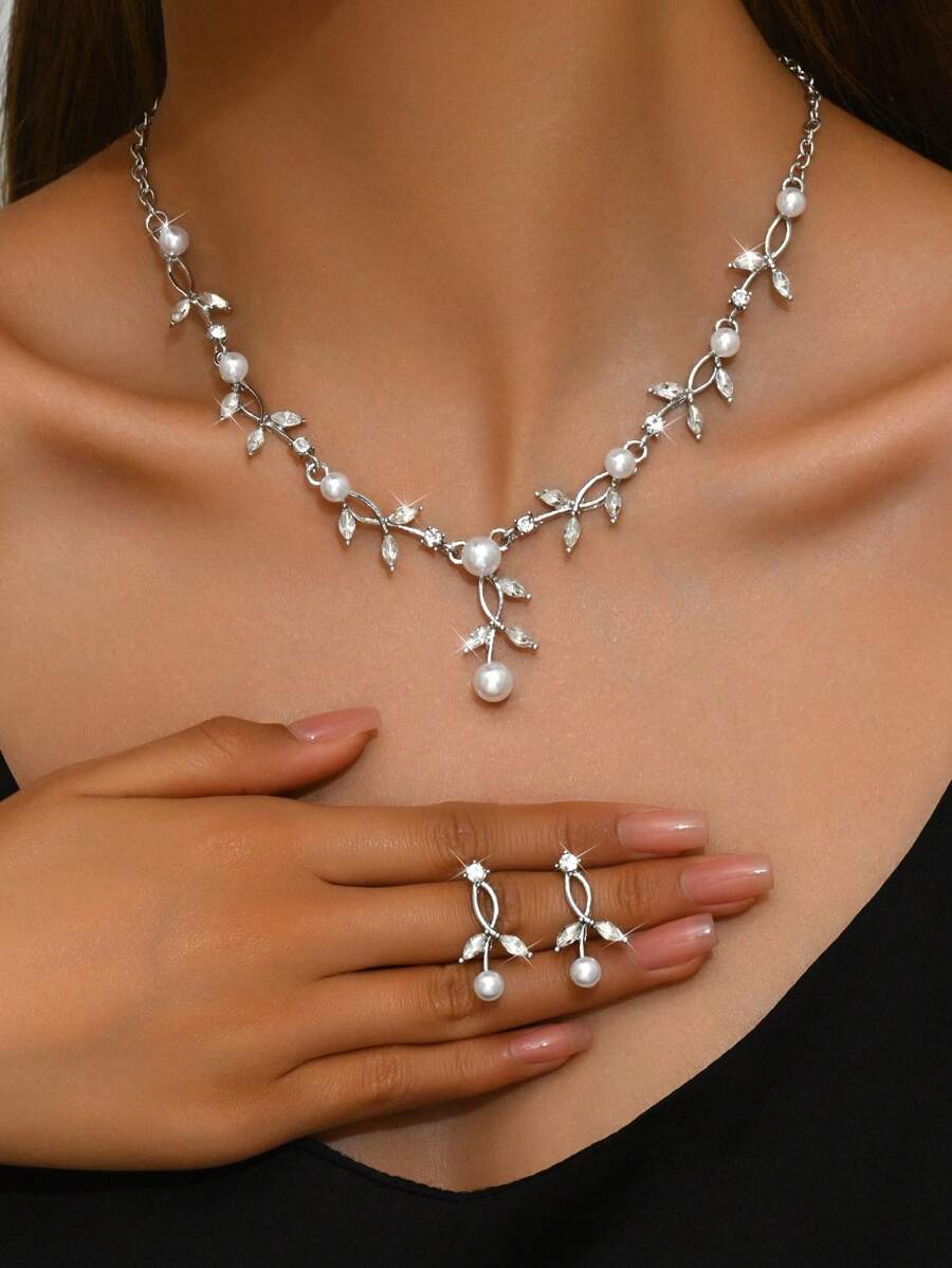 Set de joyería de 3 piezas con hojas de cristal: aretes y collar, elegante para fiesta
