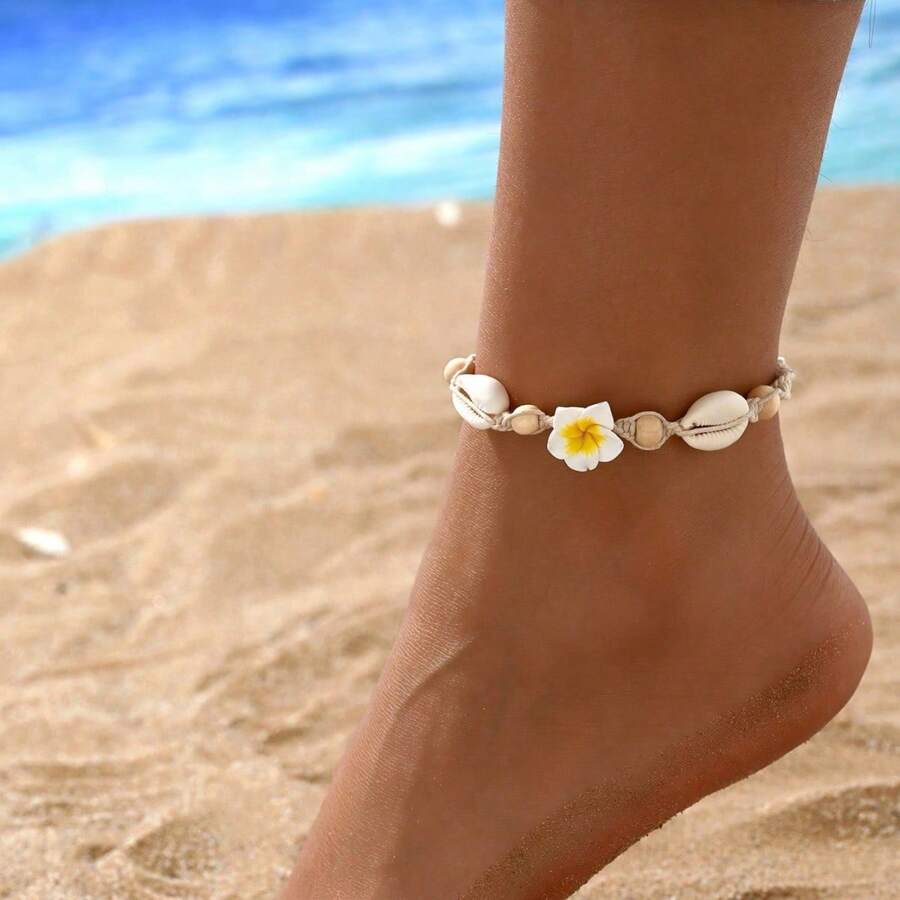 1 pièce Bracelet de cheville crocheté fleur de coquillage bohème naturel, bracelet de cheville tressé marguerite pour les vacances à la plage. Bijou idéal pour les femmes à porter au quotidien.