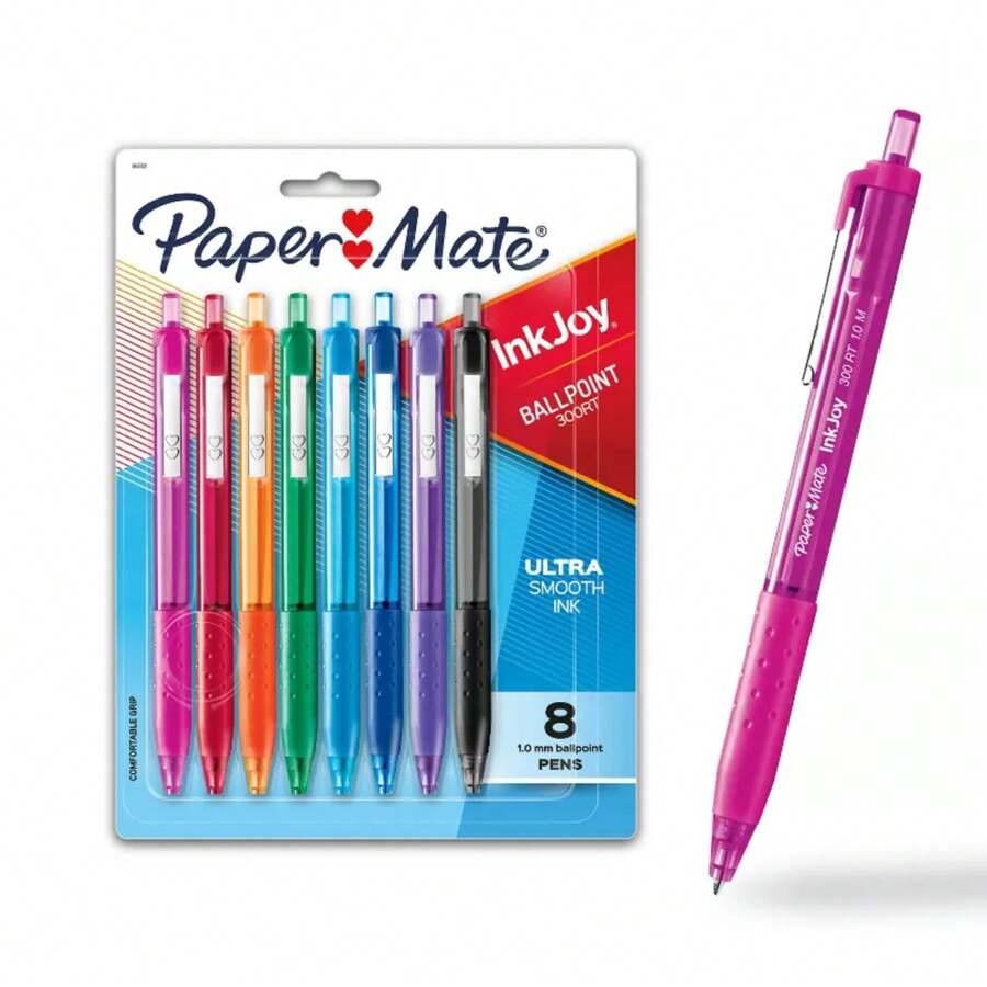 Paper Mate Ink Joy 300RT 8pk Ballpoint Pens 1.0mm Multicolored: Retractable, Quick Drying, Rubber Grip, Colorful Ink