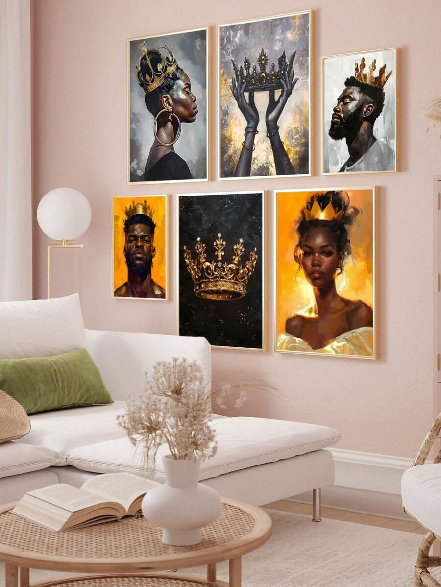 1pc African American Wall Art Kings And Queens Canvas Prints Woman Poster Gold Crown Painting Home Wall Decor Unframed