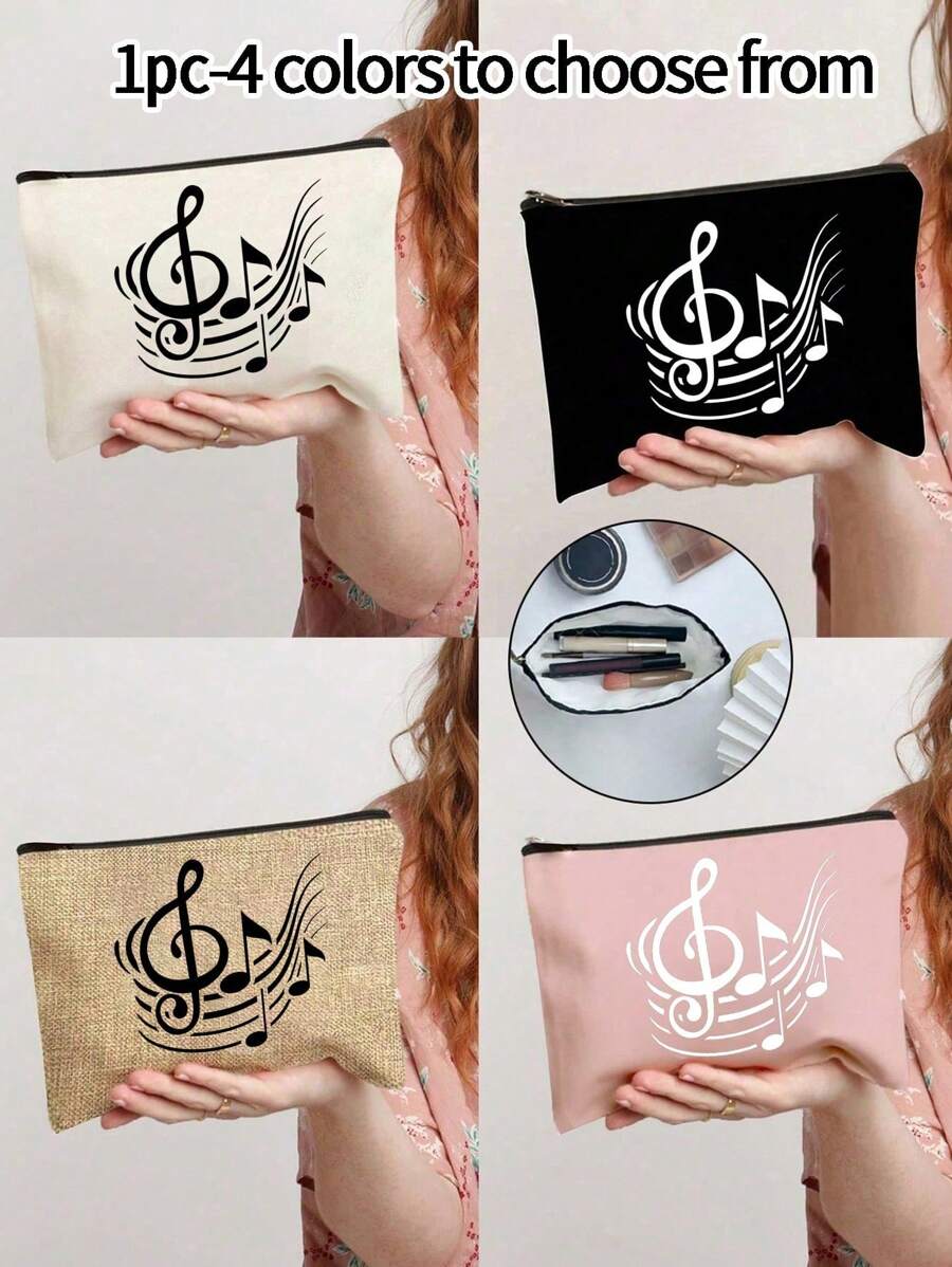 Vibrant Musical Note Print Canvas Cosmetic Bag, Durable, Versatile, And Stylish Shopping Companion -Perfect Gift For Music Fans , Travel Small Items Portable Storage Pouch, Gift,Makeup Bag,Women's Simple And Large Capacity Travel Makeup Bag, Earphones,Data Cable,Accessory Storage, Coin Bag, Suitable For Men And Women, Birthdays, Holidays, Back To School, Vacation, Beach, Travel