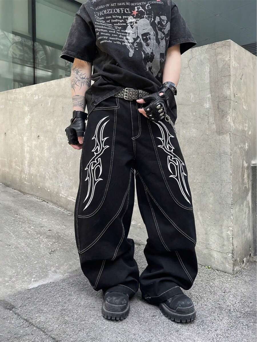 1pc Men's Vintage Washed Denim Jeans With Thorn Embroidery, Loose Baggy Fit, American Style
