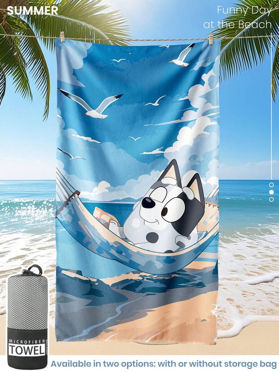 Bluey 1 pieza Toalla de playa de Bluey, toalla de baño con estampado de Bluey y gaviota, toalla de playa de estilo de moda, toalla de baño superabsorbente y suave de microfibra, ligera y portátil, con protección contra el viento y el sol, a prueba de arena para viajes de verano, vacaciones, decoración de baño, disponible con o sin bolsa de almacenamiento