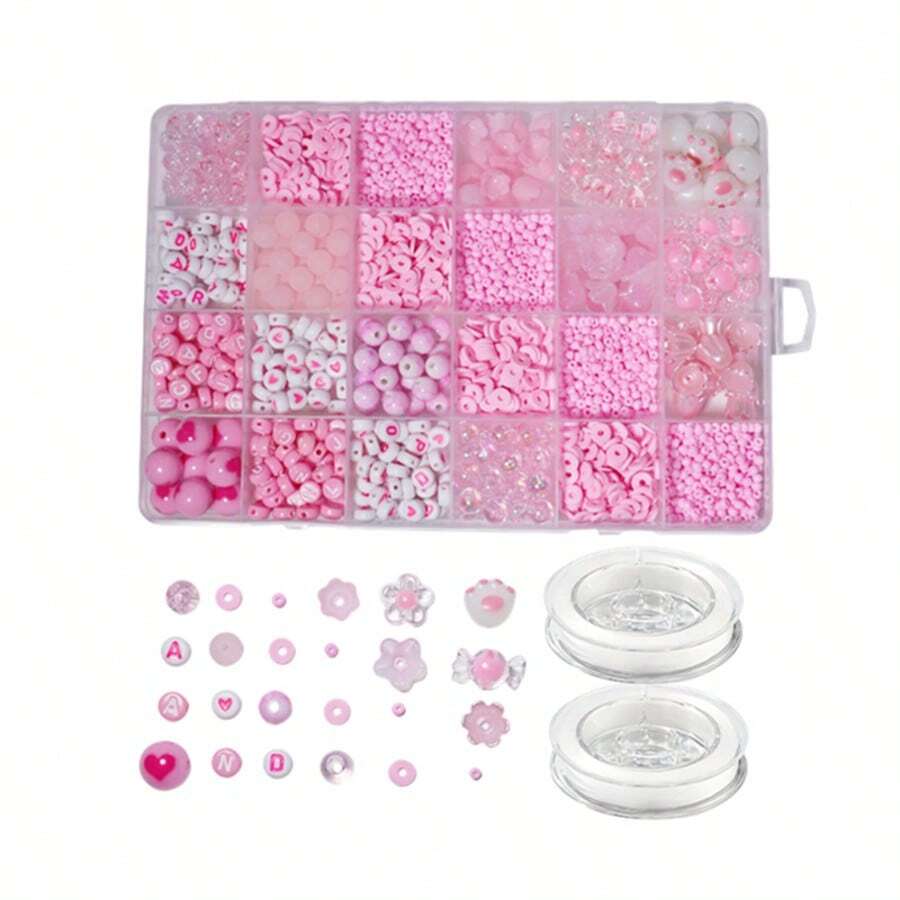 Caixa com 24 contas redondas de acrílico rosa, roxo e verde, de 0,7 a 1,2 cm, em cores claras, em formato de coração, com várias contas e dois fios elásticos, pode ser usada para fazer joias, pulseiras, colares, anéis e brincos.