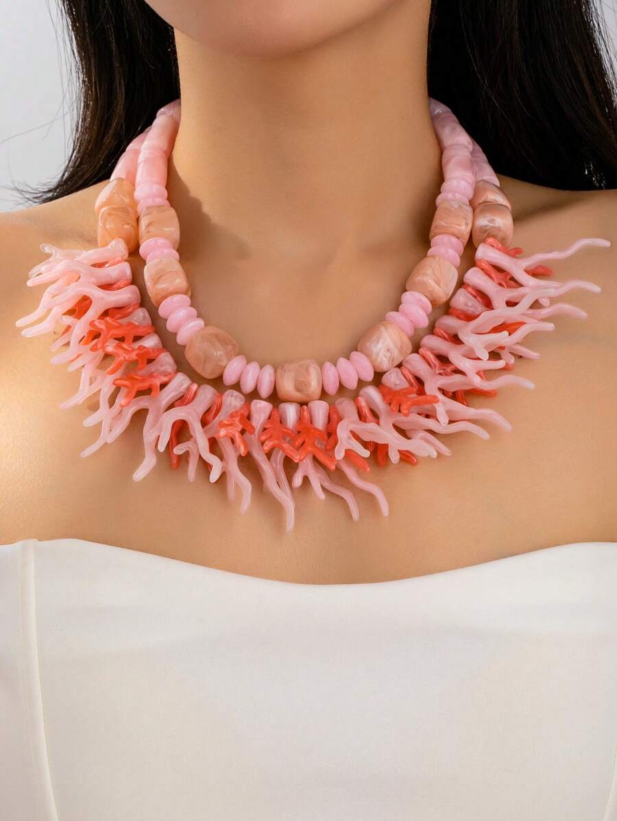 1 pièce Élégant collier de perles de corail à double couche pour femme, bijou polyvalent pour costume, cadeau idéal pour la plage, la fête et le mariage