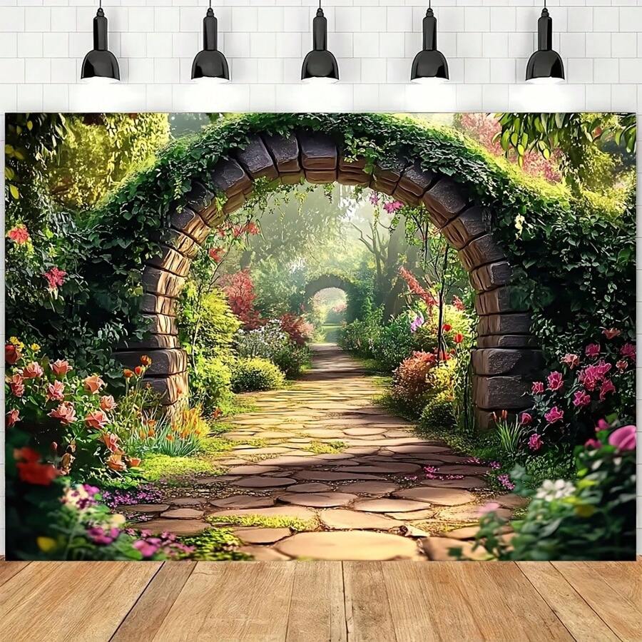 1pc 2D Banner Spring Garden Bridge And Blooming Flowers Wall Decor - Easy Hanging Design, Suitable For Parties And Outdoor Celebrations, Outdoor Garden Decor, No Electricity Required