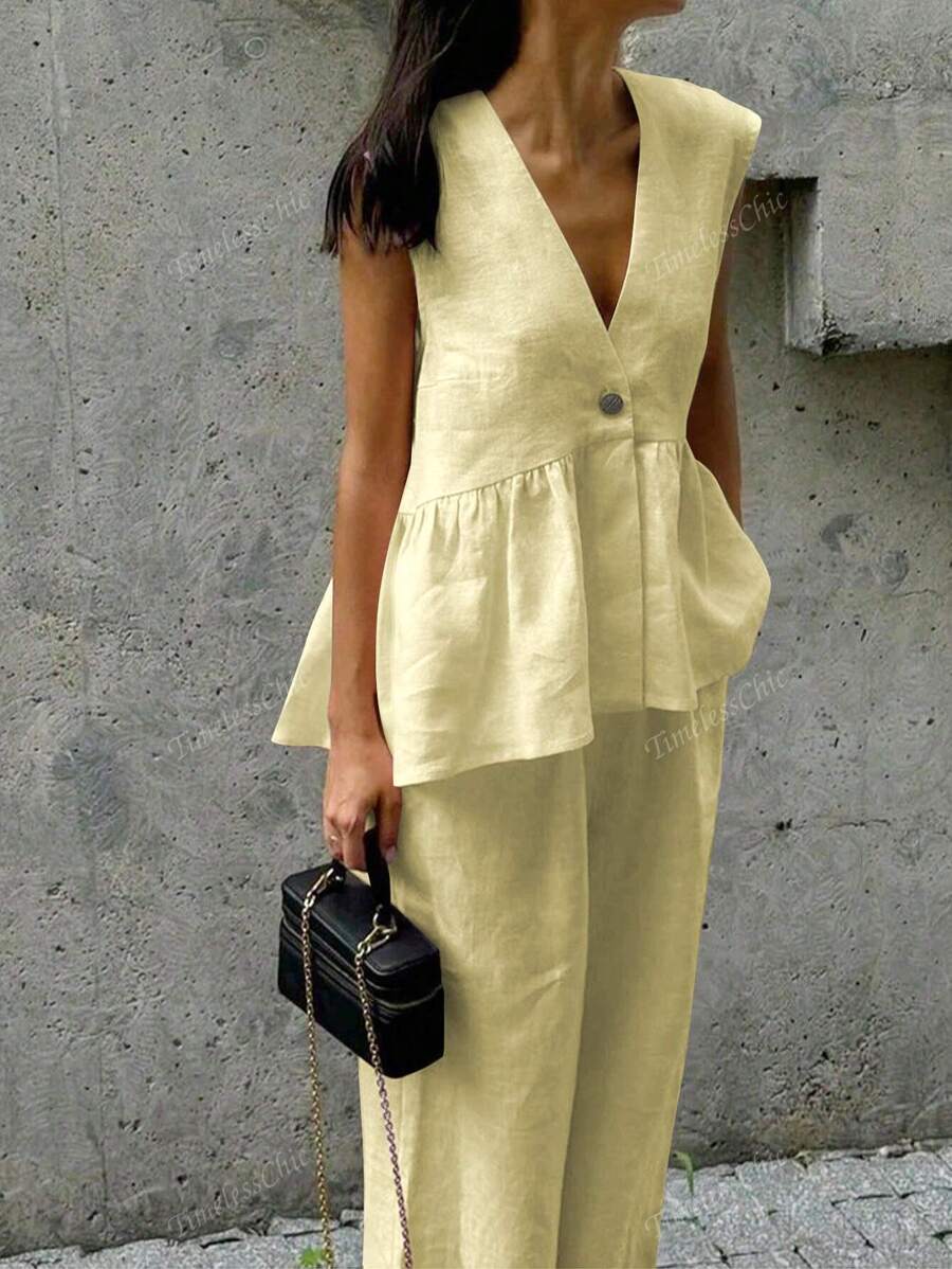 Conjunto feminino de 2 peças, blusa sem mangas e calça com cós elástico, roupa casual elegante e leve em tecido transparente para encontros noturnos, praia, casamento, jardim, rua