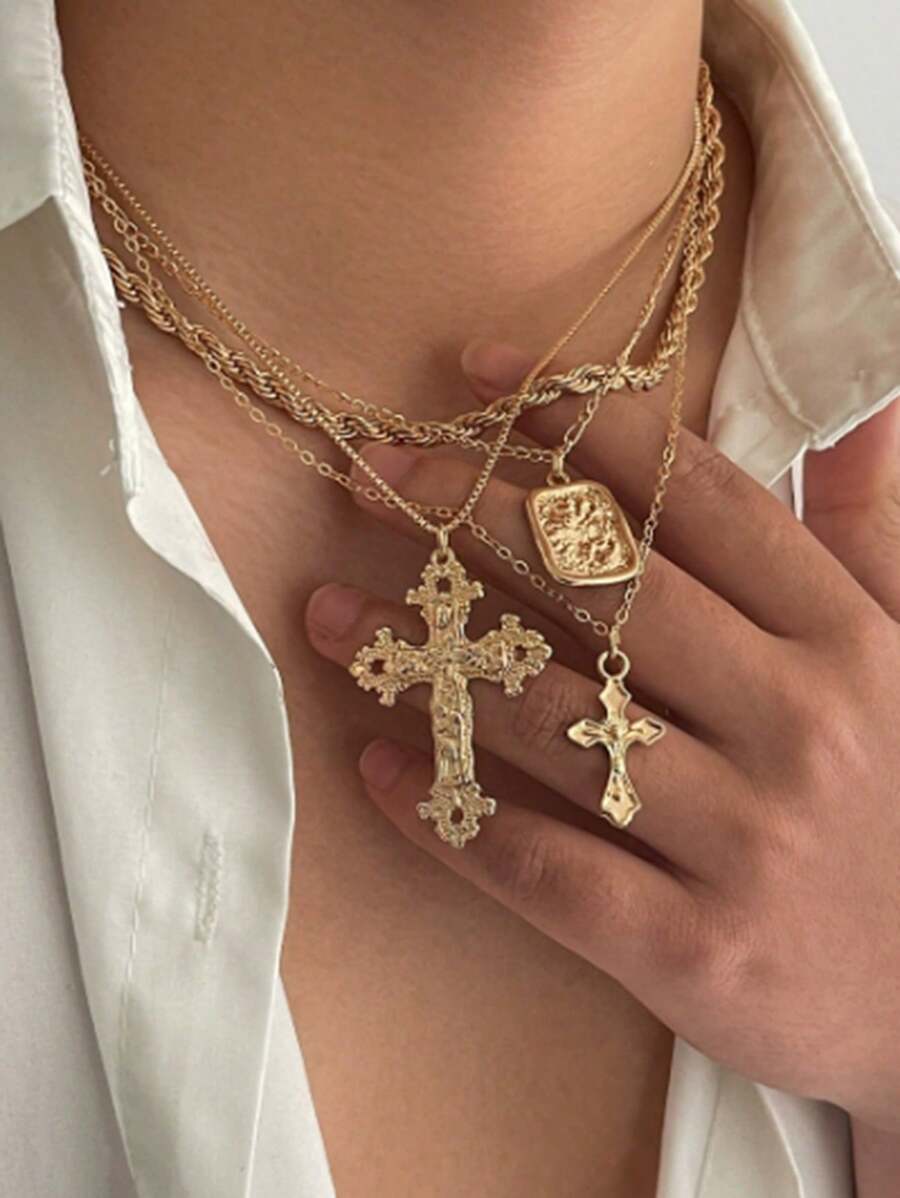 4 Pcs Punk Cross Pendant Necklaces, Layered Women Jewelry Fashion Accessories