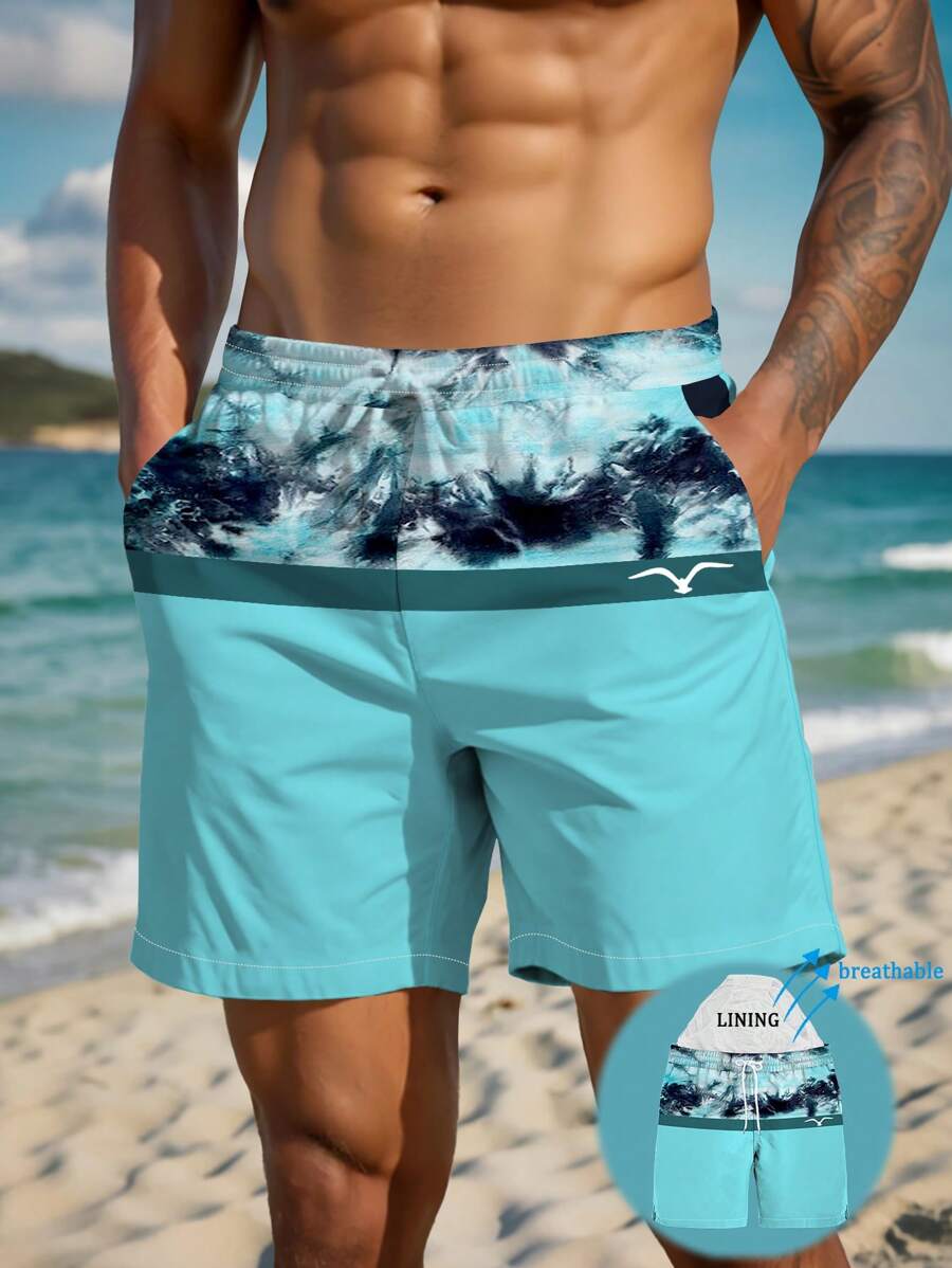 Shorts de verano para hombre con estampado impreso, cintura con cordón, bolsillo en ángulo, de secado rápido de doble capa con forro de malla, estampado colorblock 3D de gaviota, casual y de playa de longitud a la rodilla para vacaciones