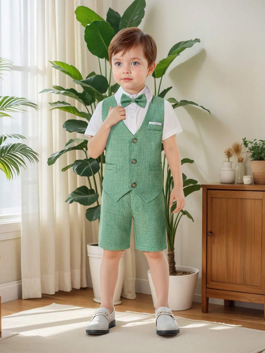 Conjunto de 4 piezas para niño pequeño: chaleco, camisa de manga corta, pantalones cortos, corbata de moño, vestimenta formal de caballero para bodas de verano para niños