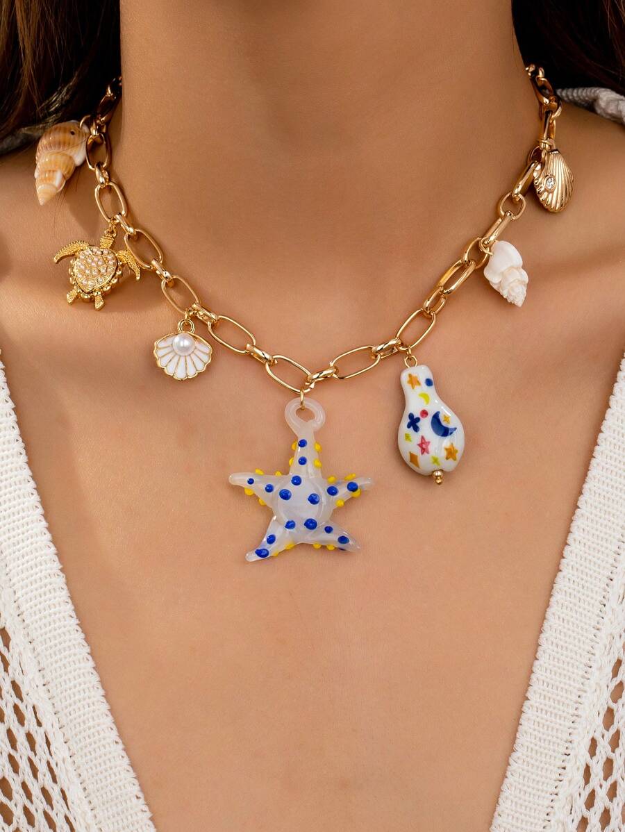 1pc Handmade Summer Sea Elements Charm Necklace, Natural Shell, Sea Turtle, Starfish Pendant Necklace, Boho Beach Jewelry