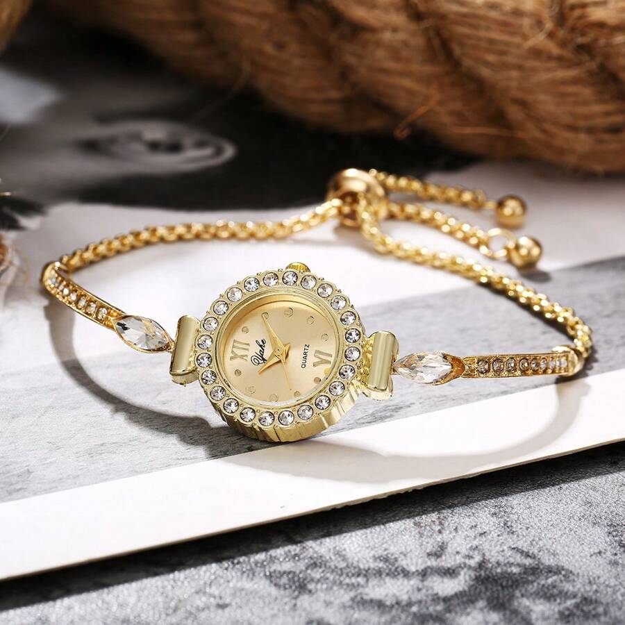 1 Stück Uhr mit Strass, goldfarbenes/silberfarbenes rundes Zifferblatt, Quarzuhrwerk, verstellbares Armband, raffinierte Party-/Geschenkuhr
