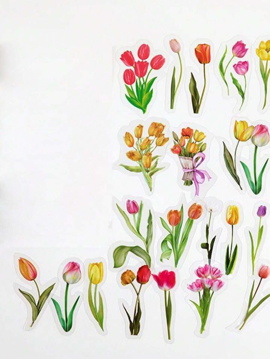 40 Pcs/PackPet Stickers For Scrapbooking Kit Beautiful Tulip Flower Aesthetic Paper Diary Planner Junk Bullet Journaling Decorative Supplies
