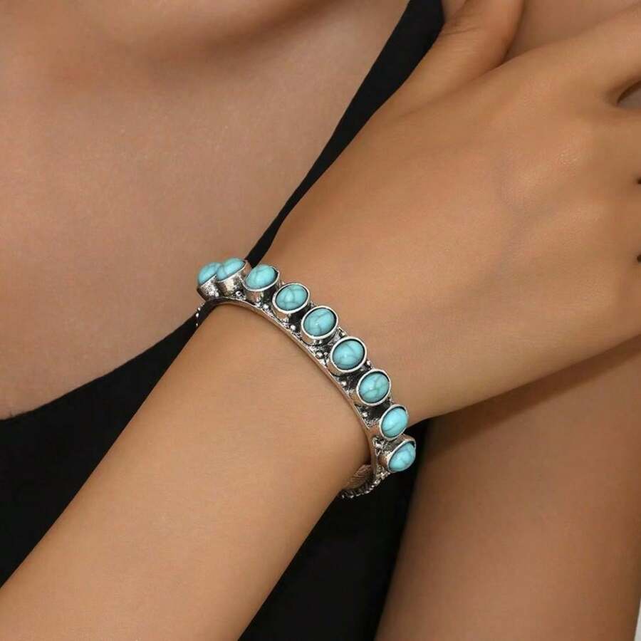 1 Pieza Brazalete de Estilo Occidental con Turquesa Antiguo, Brazalete Elegante Retro de Boca Abierta, Brazalete con un Sentido Único de Forma, Brazalete Azul Cielo de Alta Gama para el Verano, el Mejor Regalo de Vacaciones para Mamá y Novia