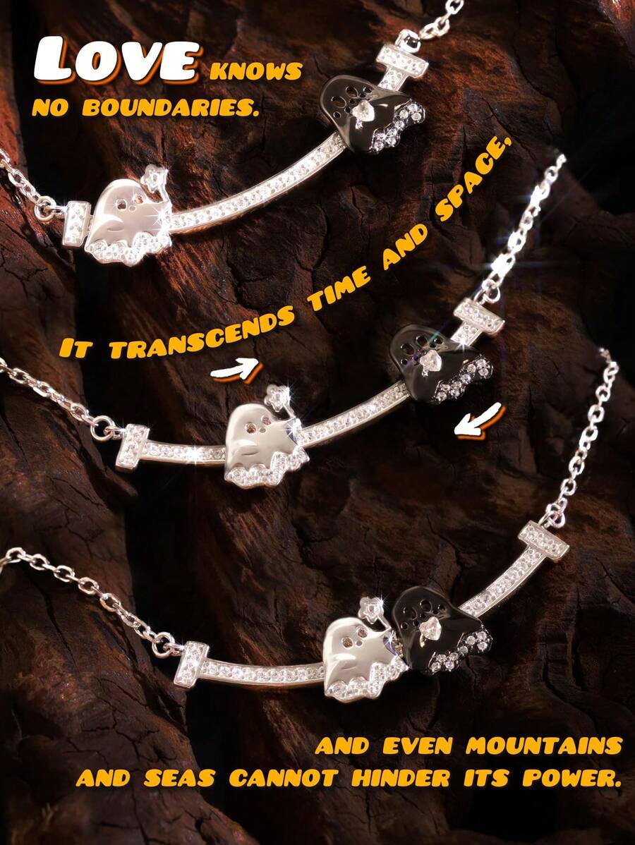 1 Stück Kreatives, bewegliches Damen-Halsband mit schwarz-weißem Geist-Zirkonia-Herz-Anhänger, lustige Stresslinderung, Jahrestags-Geschenk für Paar, cartoon-artig, süß, Choker-Stil