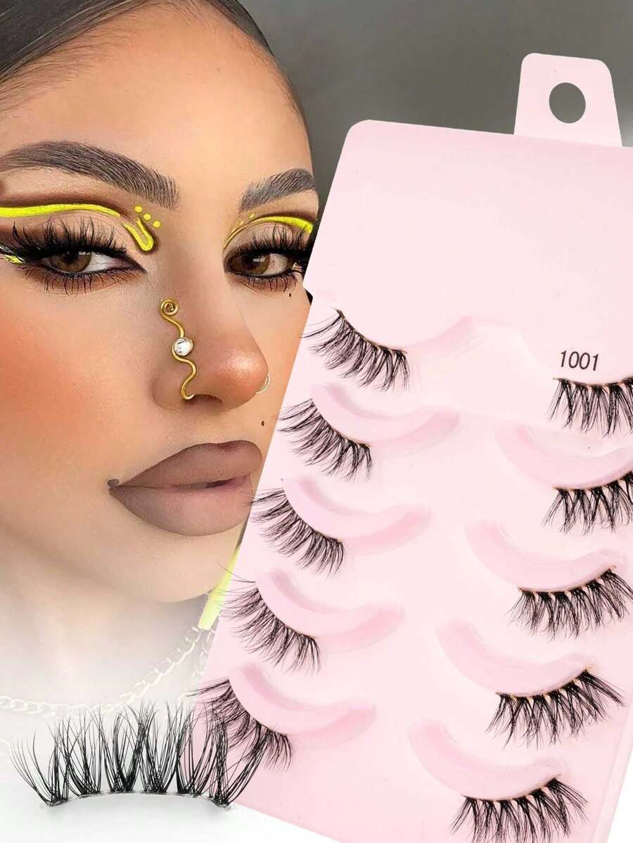 5 Pairs Cat Eye Effect Semi-Transparent False Eyelashes With 3D Synthetic Mink Fur Natural Longer Outer Corner Eyelashes, Enlarging Eyes, Suitable For Girls Travel, Party, Daily Wear