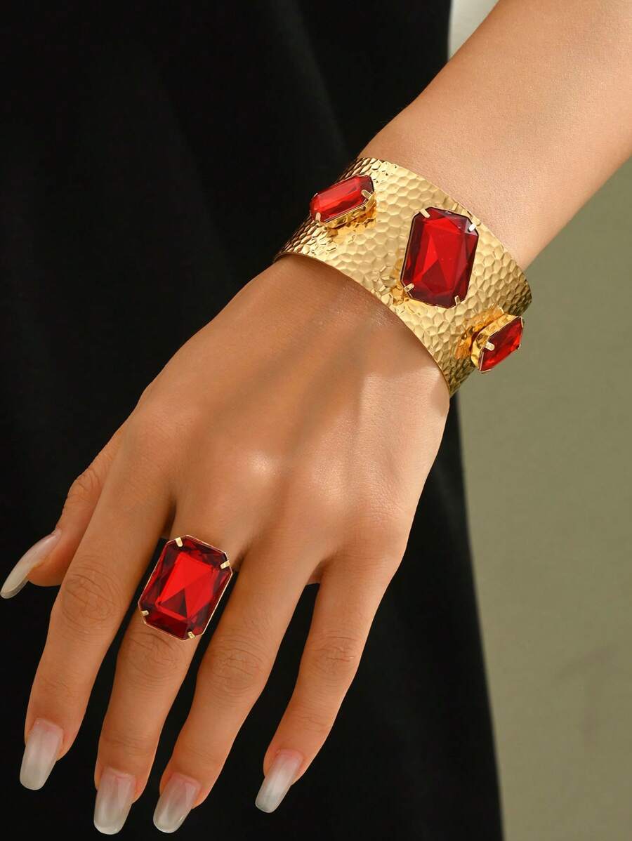 Set de 2 piezas de pulsera y anillo con diamantes de imitación, de estilo europeo y americano de moda, accesorios casuales para reuniones y fiestas, como regalo