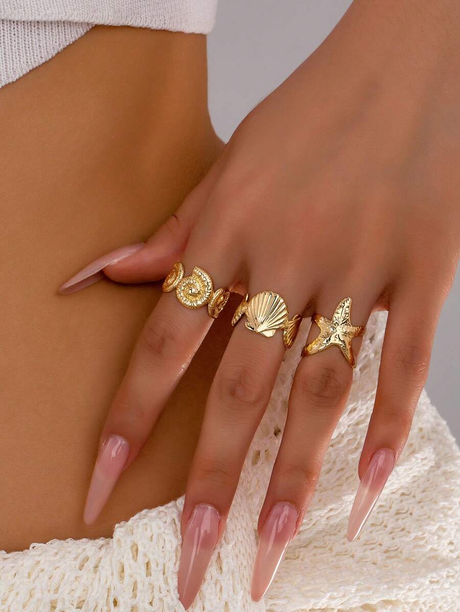 3 Pcs Summer Marine Themed Ocean Inspired Starfish Ring , Seashell Scallop Design Stacked Rings Set , Women Beach Vocation Jewelry Accessories