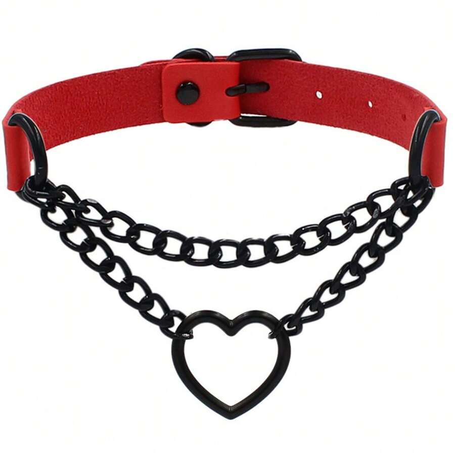 Nuevo collar gargantilla gótico punk rojo en forma de corazón para mujer, collar PU con cadenas, joyería de criada para cosplay, regalo del Día de la Madre