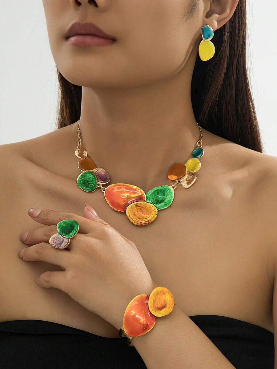 1 Set Colorful Dopamine Inspired Asymmetrical Geometric Ellipse Pendant Necklace, Bracelet, Earrings And Ring For Women, Suitable For Vacation, Daily Wear, Music Festival