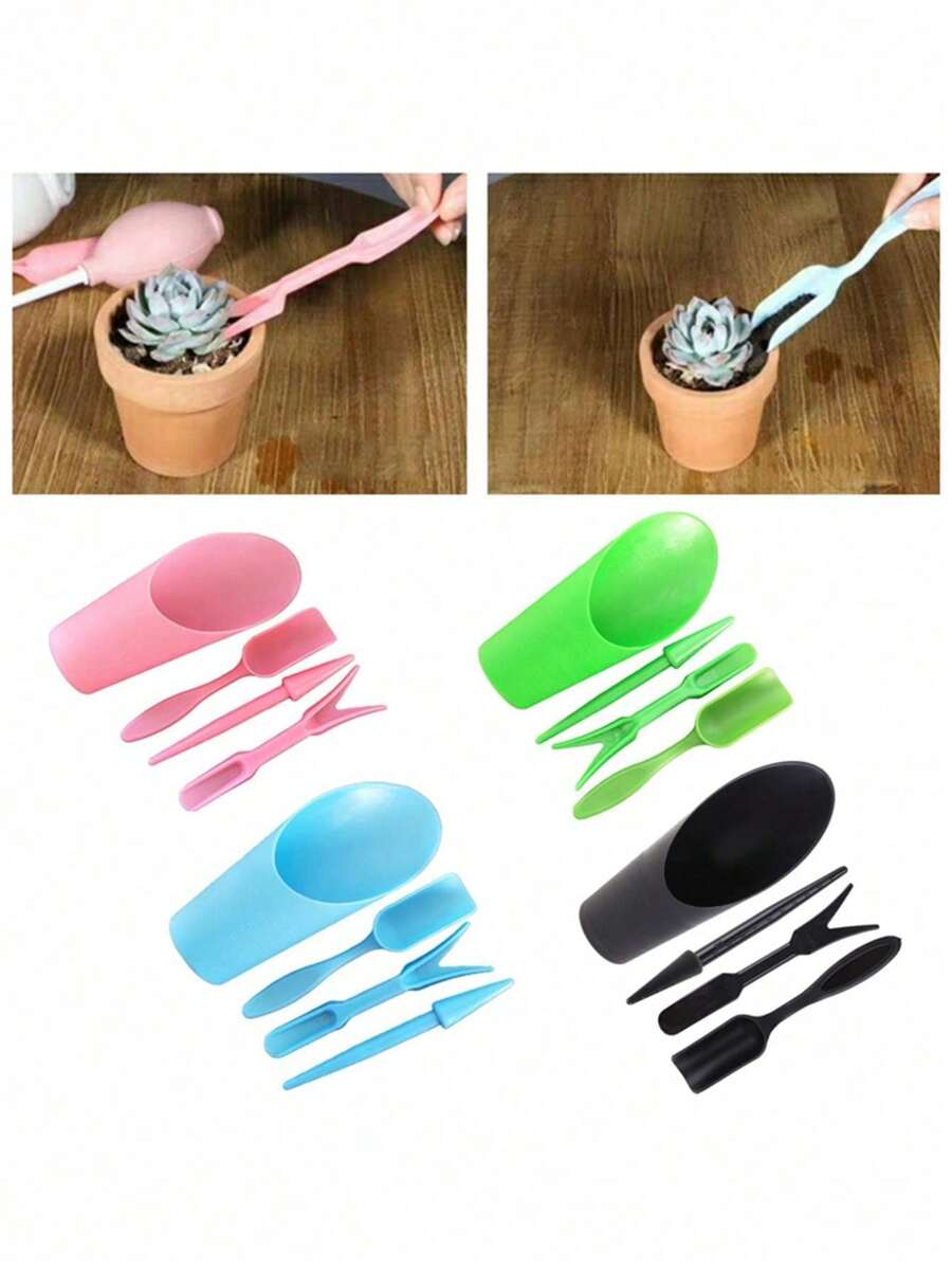 4pcs/Set, Mini Garden Planting Tools Set - Plastic Bucket Shovel For Potted Cultivation, Cylinder Meat Plant Soil Shovel, Ideal For Succulent Planting, Gardening, And Outdoor Activities - Compact, Lightweight, And Easy To Use