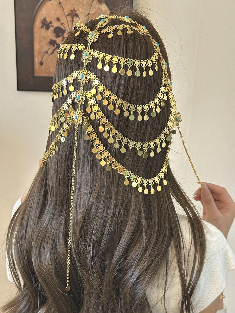 Herseygold 1 pieza Nueva cadena para la cabeza chapada en oro, accesorios para el cabello de novia de estilo del Medio Oriente/árabe, regalo de joyería de lujo para mujeres turcas/kurdas, accesorios para bodas