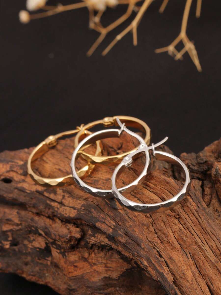 1 Pair Stainless Steel 18K Gold-Plated Diamond-Cut Round Hoop Earrings, Fashion Versatile Elegant Accessories For Women, Suitable For Daily Wear, Great Gift For Girlfriend,Holiday