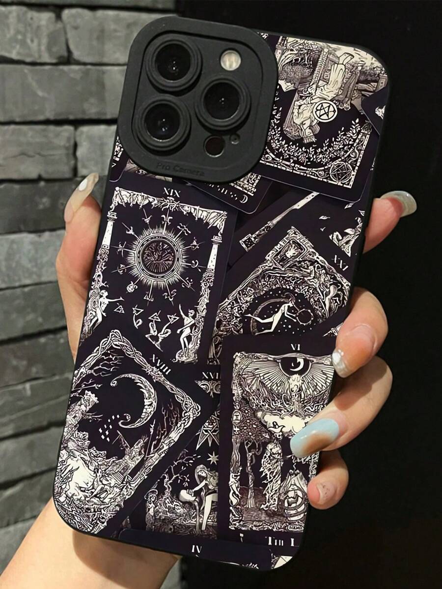 1pc Minimalist Personalized Tarot Card Pattern Black Eye Shockproof Anti-Fingerprint Mobile Phone Case, Compatible With IPhone 16 Pro Max/16/16 Pro/16 Plus/15 Pro Max/15 Pro/15 Plus/15/11/12/13/14 Pro Max/XS/XR/11 Pro/11 Pro Max/12 Pro/12 Pro Max/13 Pro/13 Pro Max/7 Plus/14 Pro/14 Pro Max/14 Plus/7 Plus/8 Plus/8/SE2/12 Mini/13 Mini, Soft Cover, Anti-Yellowing