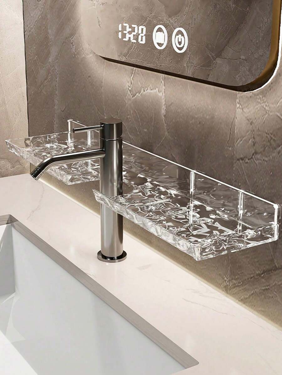 1pc Acrylic Bathroom Vanity Water Wave Pattern Hanging Organizer Rack, Transparent Wall Mount Shower Caddy Back To School