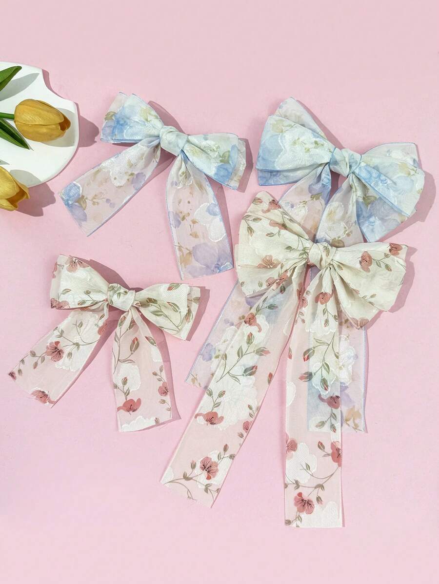1pc Women's Sweet Floral Print Bow Ribbon Hairpin Clip, Fashionable, Charming Casual Style, Suitable For Commuting, Parties, Birthdays, Street Style, Travel, Photogenic - A Great Gift For Best Friends Claw Clips Hair Slide Hair Barrettes
