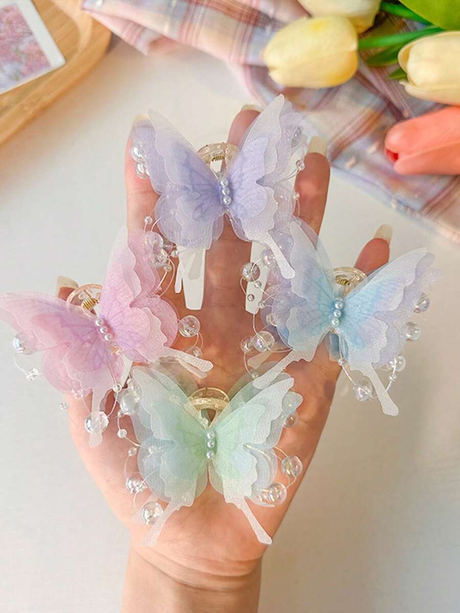2pcs, New Super Fairy Pearl Butterfly Clipper Side Hairpin Headwear That Won't Damage Your Hair, Princess Hair Accessory On The Forehead With A Bow, Bohemian Faux Pearl Hair Claws For All Four Seasons Hair Clips Hair Jaw Clip Hair Clamps Hair Clutch