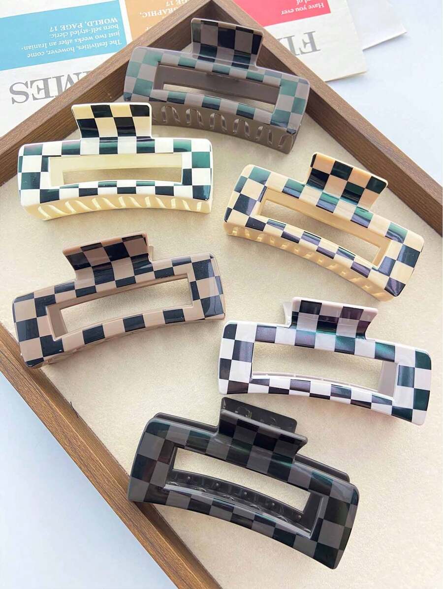 3pcs Women's Checkerboard Square Claw Hair Clips, Simple Fashion Resin Dual-Color Checkered Square 10.5cm Hollow Hair Clamps For Daily Commute Outfit Matching, Bun Hairstyle Fixing Hair Shark Tooth Hair Clip Accessory