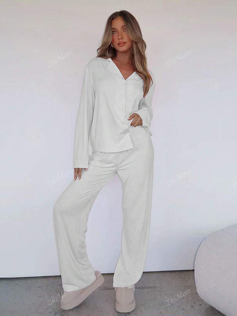 Terno Casual Solto Feminino de Duas Peças para Outono e Inverno, com Top de Lapela de Manga Longa de Abotoamento Único e Calça Reta de Cor Sólida
