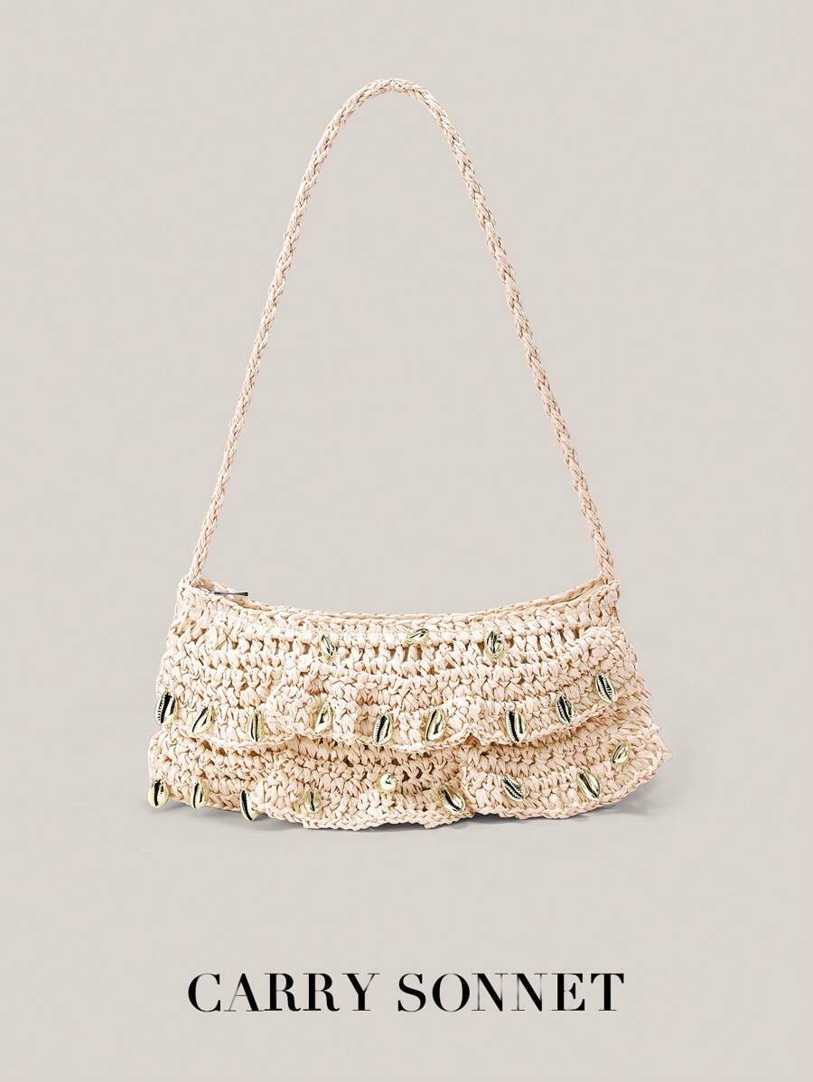 Bolso de hombro de paja para mujer, bolso de playa tejido de paja, pequeño clutch de paja, bolso, billetera y monedero, dulce y elegante, liviano y con estilo, una opción versátil para salidas diarias. Bolsos y carteras para mujer, verano, regalos de maestros, artículos esenciales para vacaciones, artículos esenciales de viaje