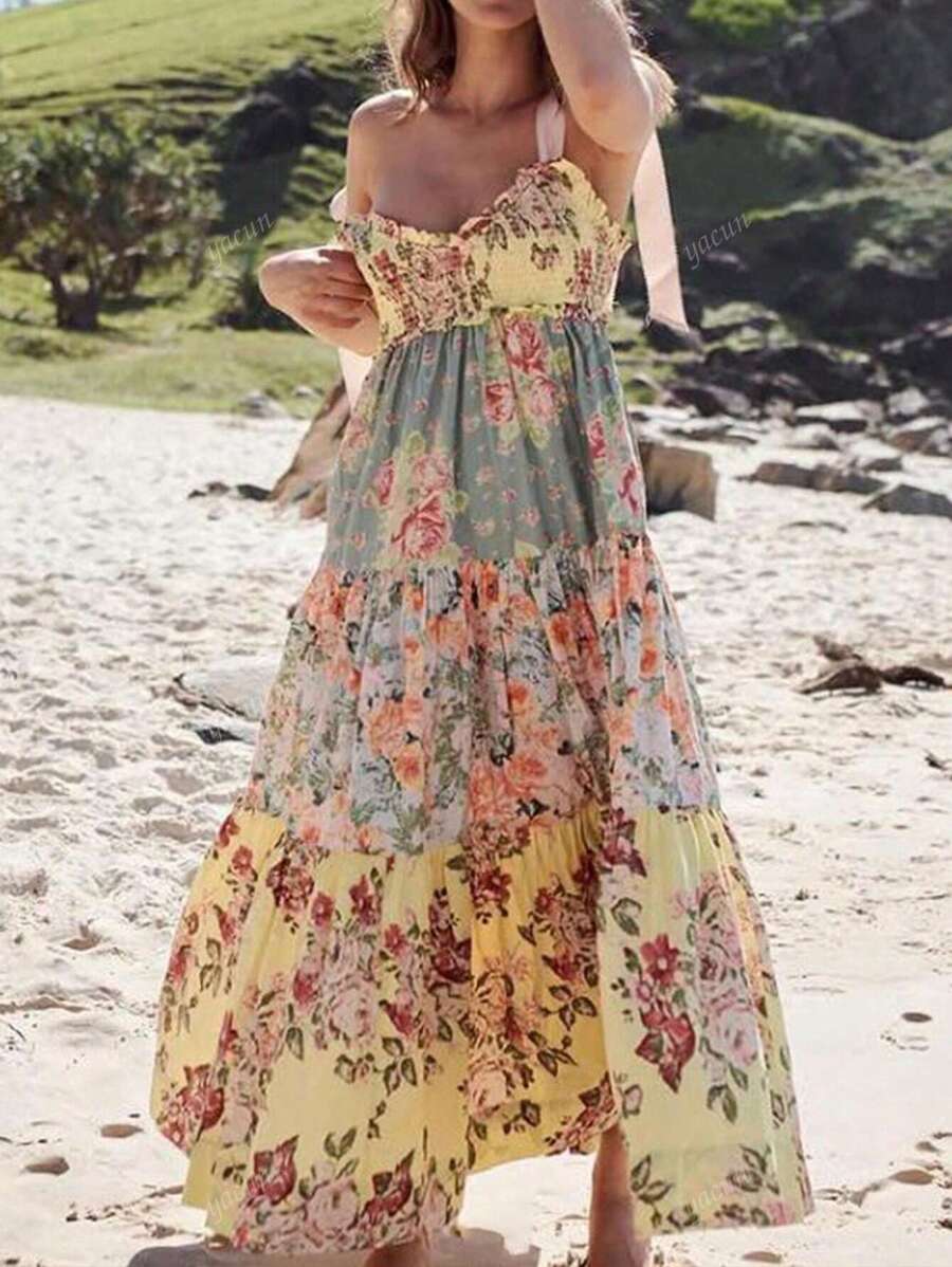 Nuovo vestito elegante primaverile/estivo con stampa floreale, spalline a spaghetti, senza schienale, fiocco, stile bohémien di , in chiffon, effetto snellente in vita