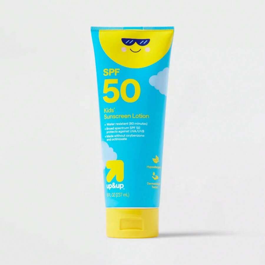 Kids' Sunscreen Lotion - SPF 50 - 8oz - Up&Up™-Keep Your Child Sunshine- And Beach-Ready With This Sunscreen Lotion From Up & Up™.This Scented And Sunscreen Lotion Makes Choice A Fun Day Under And Is Convenient Everyday Use.It Features A Broad-SPF 50 To Shield Your Kid's Skin From Harmful UVA And UVB Rays And Helps Prevent Sunburn.Plus, It's-Resistant Up To 80 Minutes Before Reapplying, To Ensure Even When Splashing Or Swimming.Up&Up™: We Believe Making Choices People, Places, And Pets In Your Life Should Be Easy And Affordable.And, Having Quality You Can Trust Should Be A Given.That's You Can Count On Our Promise – Caring Your Everyday In Every Way.Satisfaction Guaranteed – Love It Or Your Money Back.