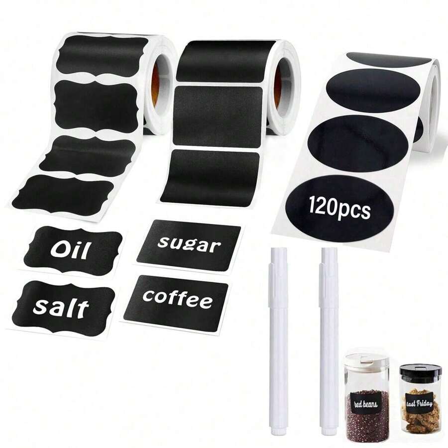 Rollo de 120 etiquetas reutilizables impermeables con forma de ola de color negro para utensilios de cocina, contenedores, frascos, especias y almacenamiento de alimentos