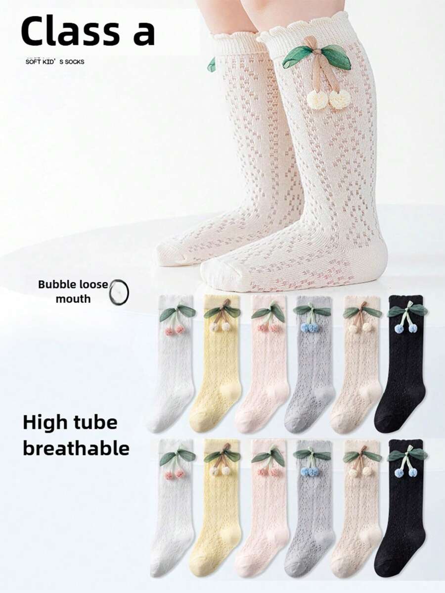 1 par de calcetines de malla decorativos con diseño de cerezas para bebés, cómodos y transpirables, calcetines de vestir para bebés, calcetines para niñas