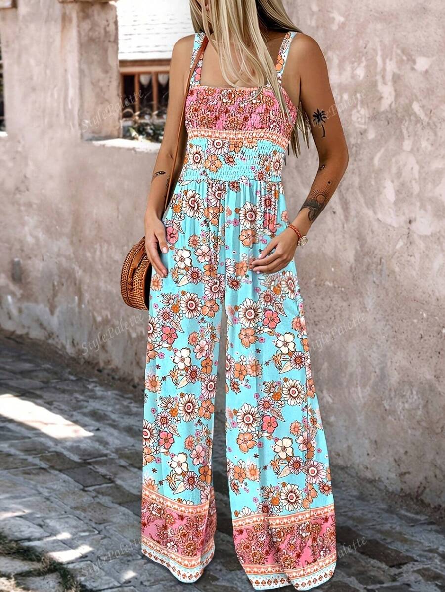 Women's Floral Print Wide-Leg Jumpsuit With Adjustable Straps And Pockets - Elegant Summer Overalls In Blue, Pink, Yellow, Orange, And White Flowers, Summer Out Digital Print Fabric, Floral Print Jumpsuit