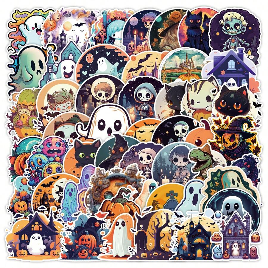 50 adesivi a tema Ognissanti, con fantasmi, lanterne di zucca, gatti neri, motivi graffiti cartoons, adatti per decorare valigie, skateboard, tablet, cover per telefono, tazze, quaderni, articoli di cancelleria, album e altri prodotti di uso quotidiano, adatti per adulti e adolescenti, adesivi in vinile, forniture scolastiche, ritorno a scuola