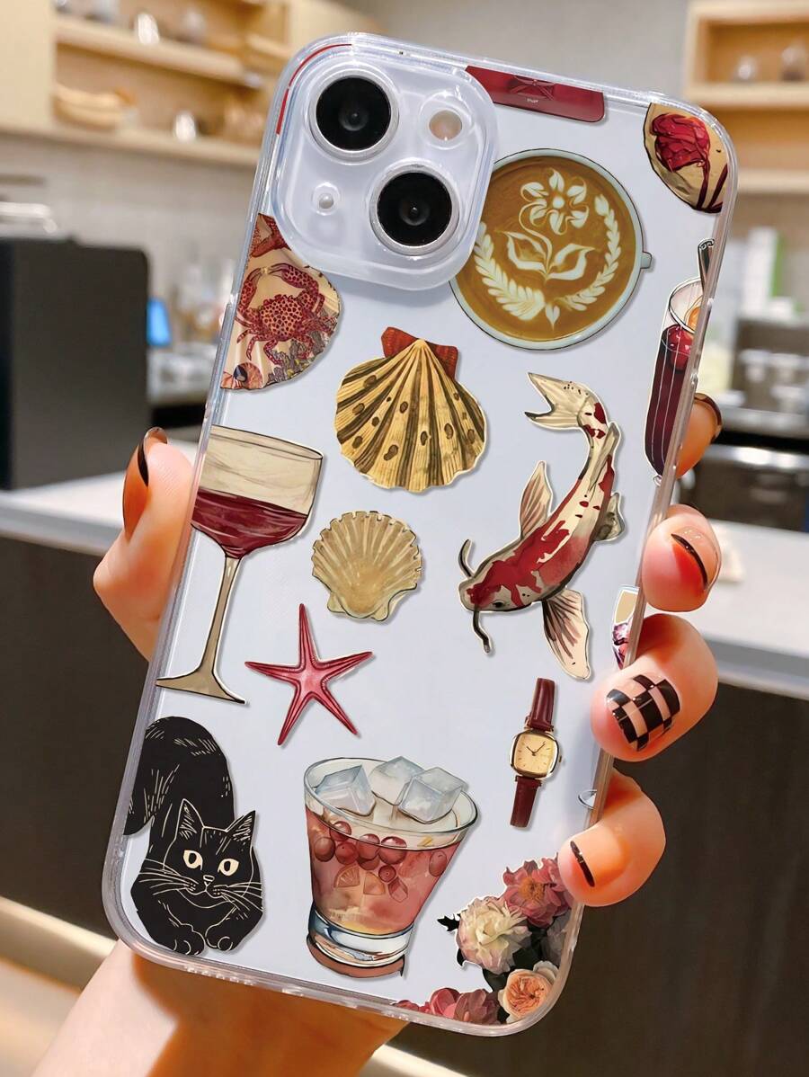 1pc Luxury Personalized Shell Coffee Cat Collage Graphic Transparent Anti-Fall Anti-Fingerprint Soft TPU Phone Case Suitable For IPhone 16 Pro Max/16/16 Pro/16 Plus/15 Pro Max/15 Pro/15 Plus/15/11/12/13/14 Pro Max/XS/XR/11 Pro/11 Pro Max/12 Pro/12 Pro Max/13 Pro/13 Pro Max/7 Plus/14 Pro/14 Pro Max/14 Plus/7 Plus/8 Plus/8/SE2/12 Mini/13 Mini, Anti-Yellowing Material