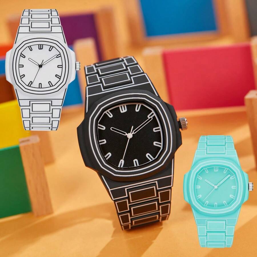 1pc Black, White & Green Men's Cartoon Line Quartz Wrist Watch, Fashionable Creative Minimalist Design, Suitable For Business, Casual, Sports, Gift For Men
