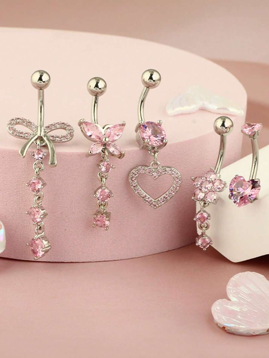 1 peça de piercing de umbigo em aço inoxidável, elegante e versátil, com strass, laço, borla, coração, borboleta e flor, adequado para mulheres, presente requintado