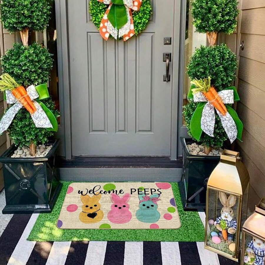 Easter Bunny Doormat Rug Rabbit Welcome Polka Dot Outdoor Outside Doormat Mat Non Slip Rubber Backing Entrance Holiday Indoor Front Kitchen Decoration 14 X 26 Inch Floor Mat Doormat Shedding Doormat