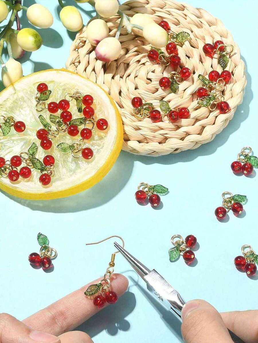 10pcs Double Head Clear Glass Beaded Cherry Pendant, Cute Small Fruit Pendant For Bracelet, Necklace, Earrings, Phone Charm, DIY Handcraft