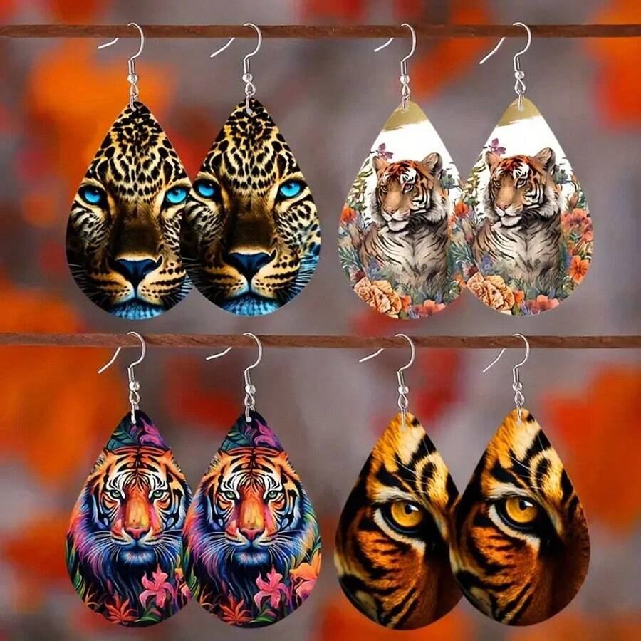 Nouvelles boucles d'oreilles en bois de créativité mode avec un motif recto-verso de tigre audacieux. Boucles d'oreilles de luxe à la mode