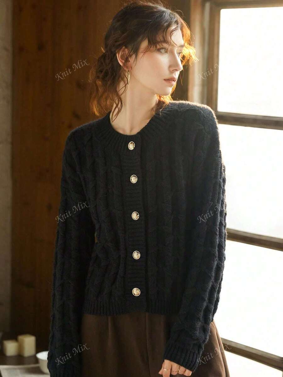 Knit Mix Women's Solid Color Simple Round Neck Knitted Cardigan For Daily Wear